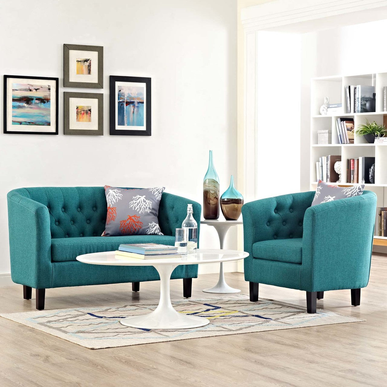 Prospect 2 Piece Upholstered Fabric Loveseat and Armchair Set, Fabric, Aqua Blue 14204