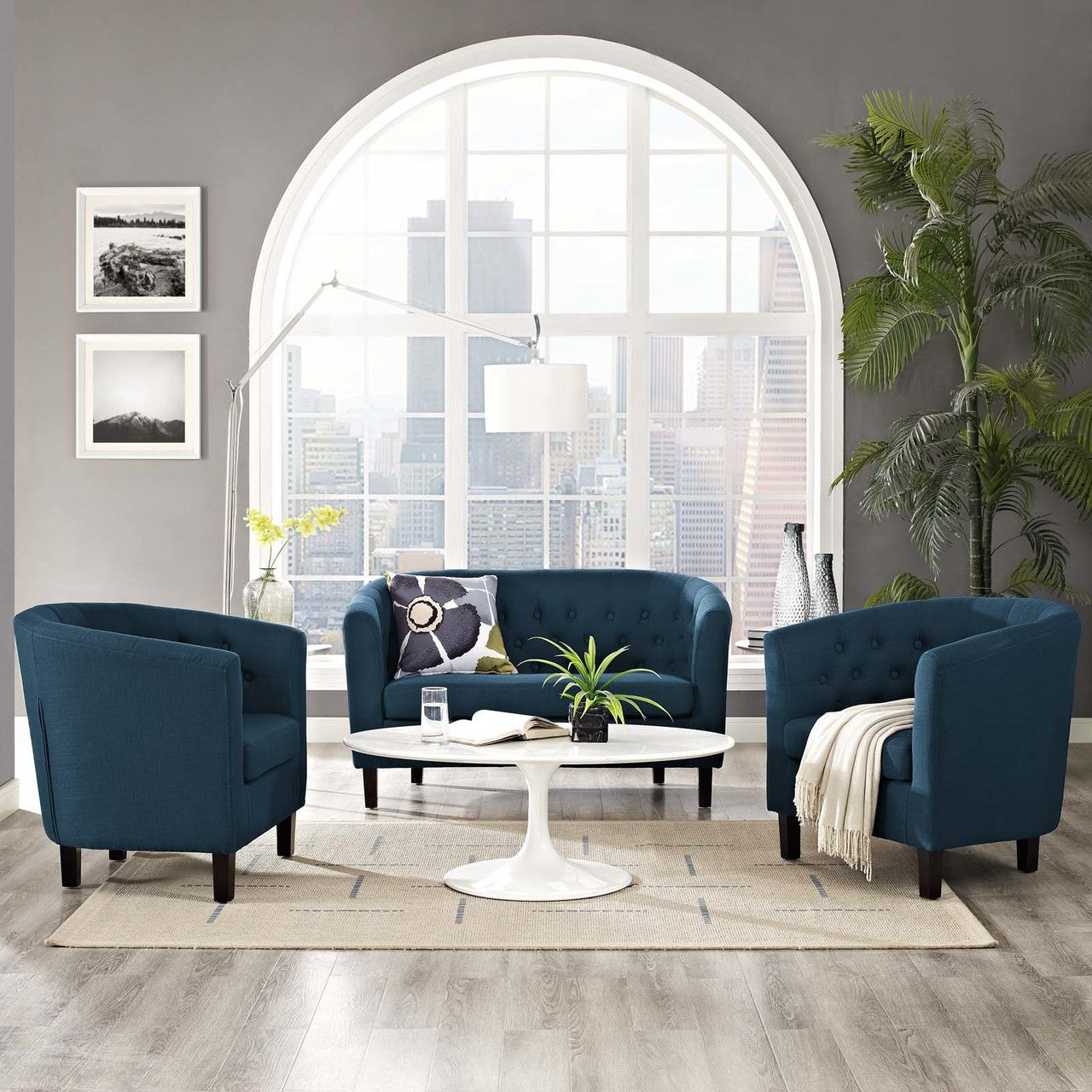 Prospect 3 Piece Upholstered Fabric Loveseat and Armchair Set, Fabric, Navy Blue 14205