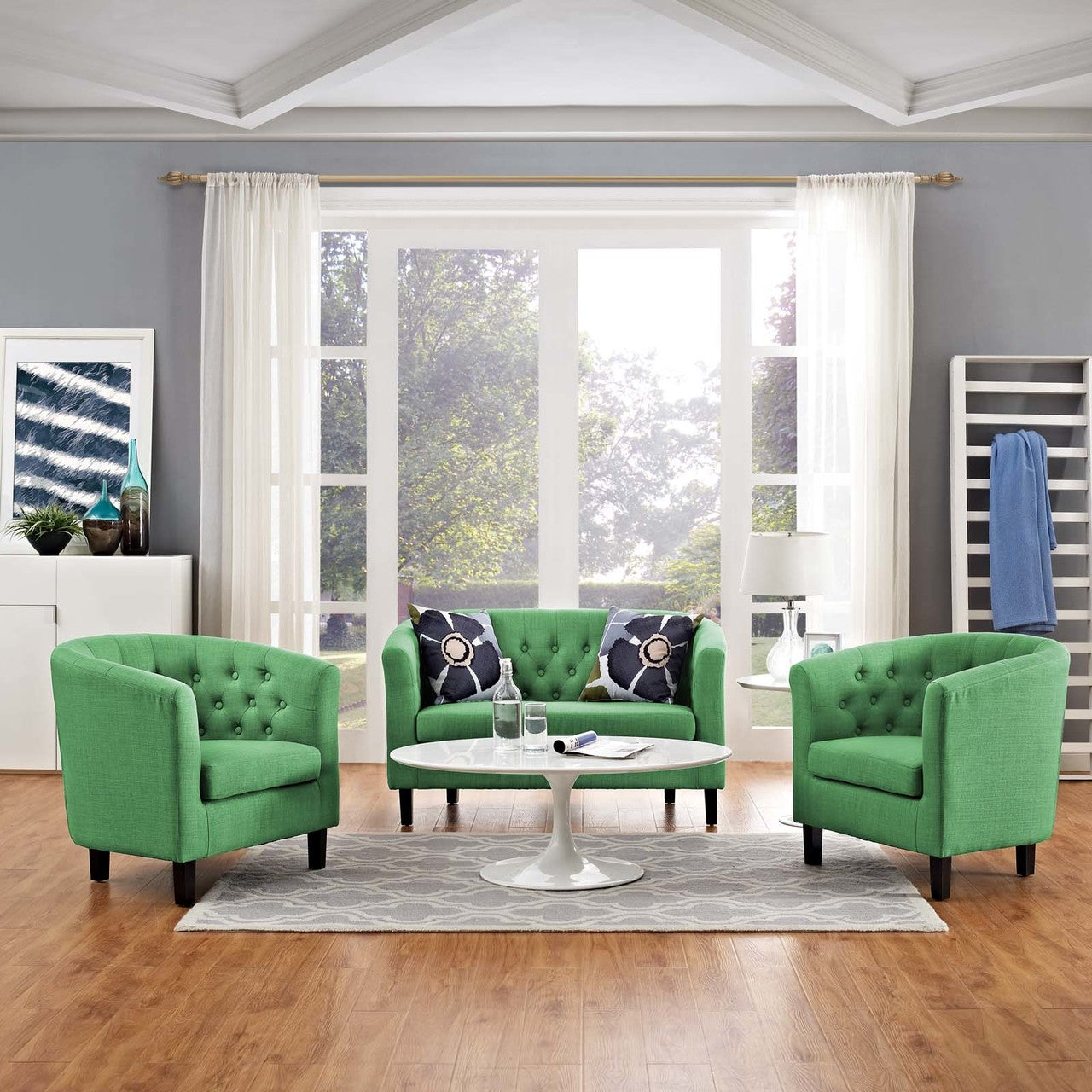 Prospect 3 Piece Upholstered Fabric Loveseat and Armchair Set, Fabric, Green 14208