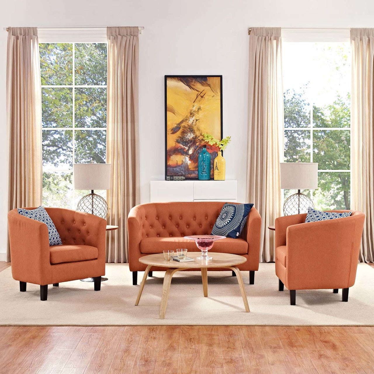 Prospect 3 Piece Upholstered Fabric Loveseat and Armchair Set, Fabric, Orange 14212