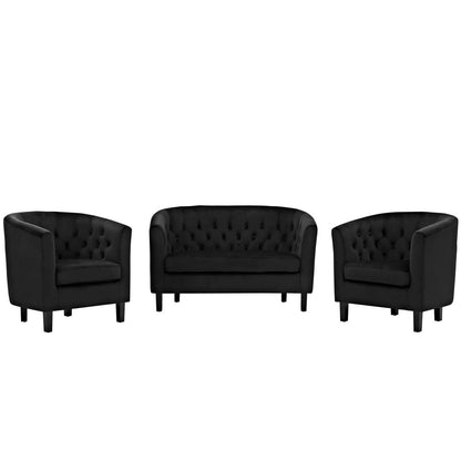 Prospect 3 Piece Velvet Loveseat and Armchair Set, Velvet Fabric, Black 14225