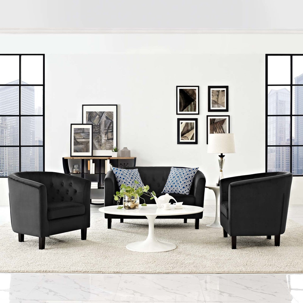 Prospect 3 Piece Velvet Loveseat and Armchair Set, Velvet Fabric, Black 14225