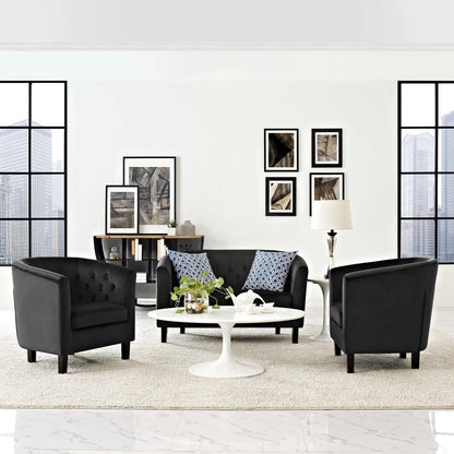 Prospect 3 Piece Velvet Loveseat and Armchair Set, Velvet Fabric, Black 14225