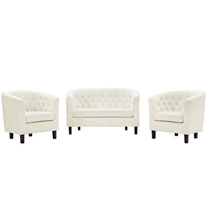 Prospect 3 Piece Velvet Loveseat and Armchair Set, Velvet Fabric, Ivory White 14227