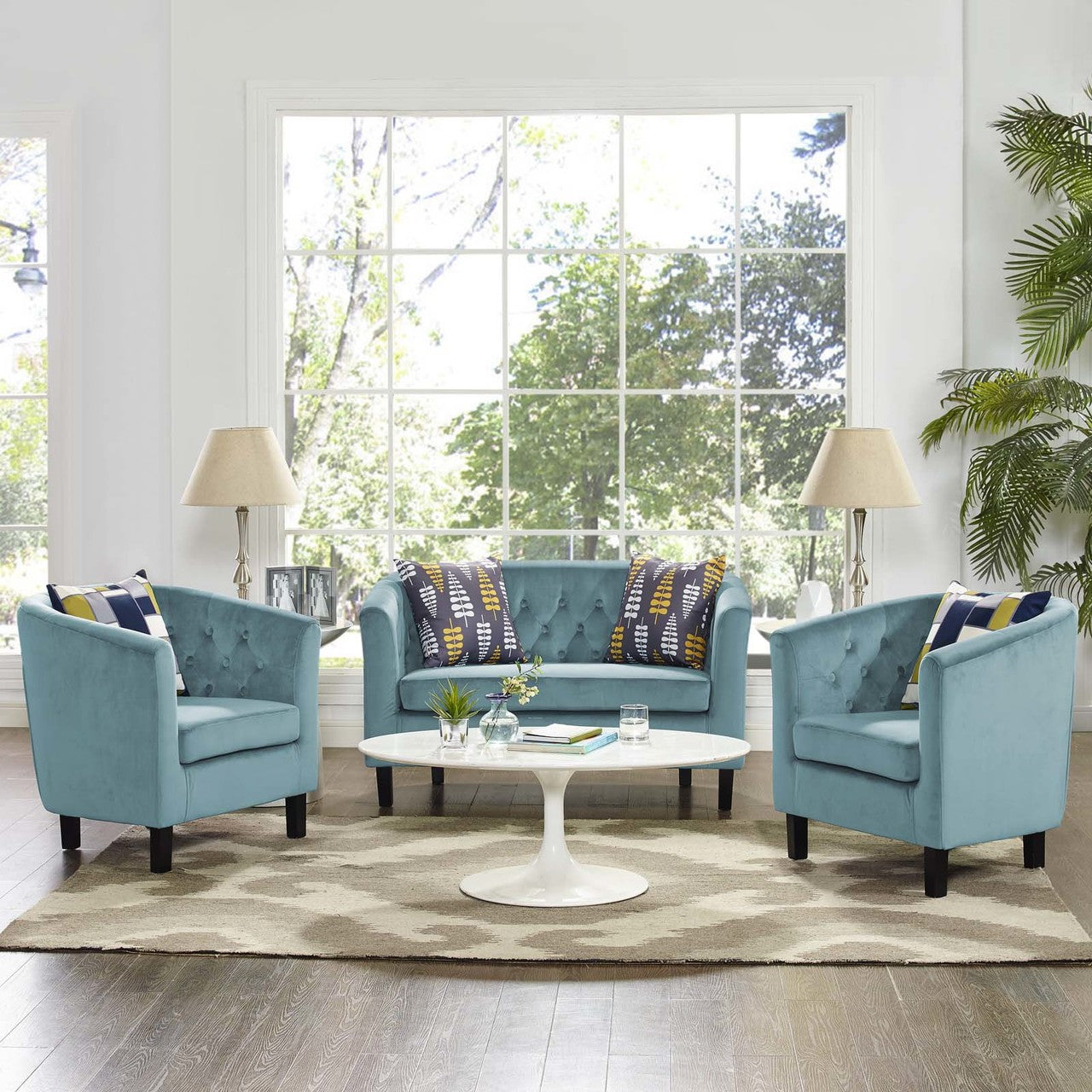 Prospect 3 Piece Velvet Loveseat and Armchair Set, Velvet Fabric, Blue 14229