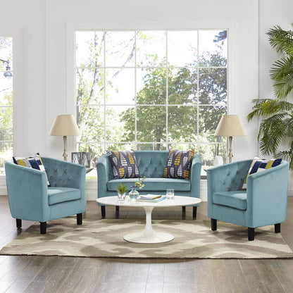 Prospect 3 Piece Velvet Loveseat and Armchair Set, Velvet Fabric, Blue 14229