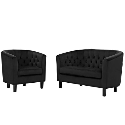 Prospect 2 Piece Velvet Loveseat and Armchair Set, Velvet Fabric, Black 14235