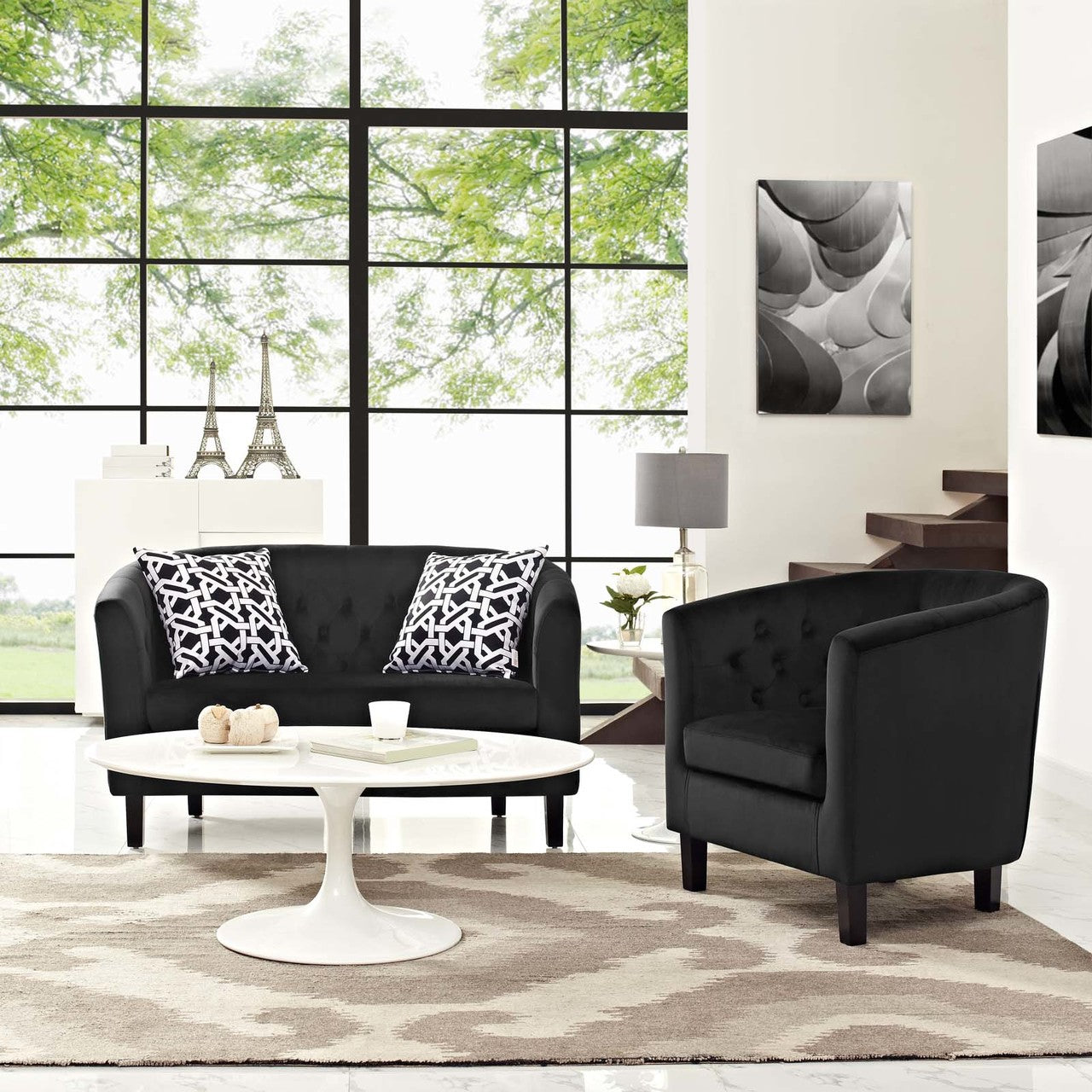 Prospect 2 Piece Velvet Loveseat and Armchair Set, Velvet Fabric, Black 14235