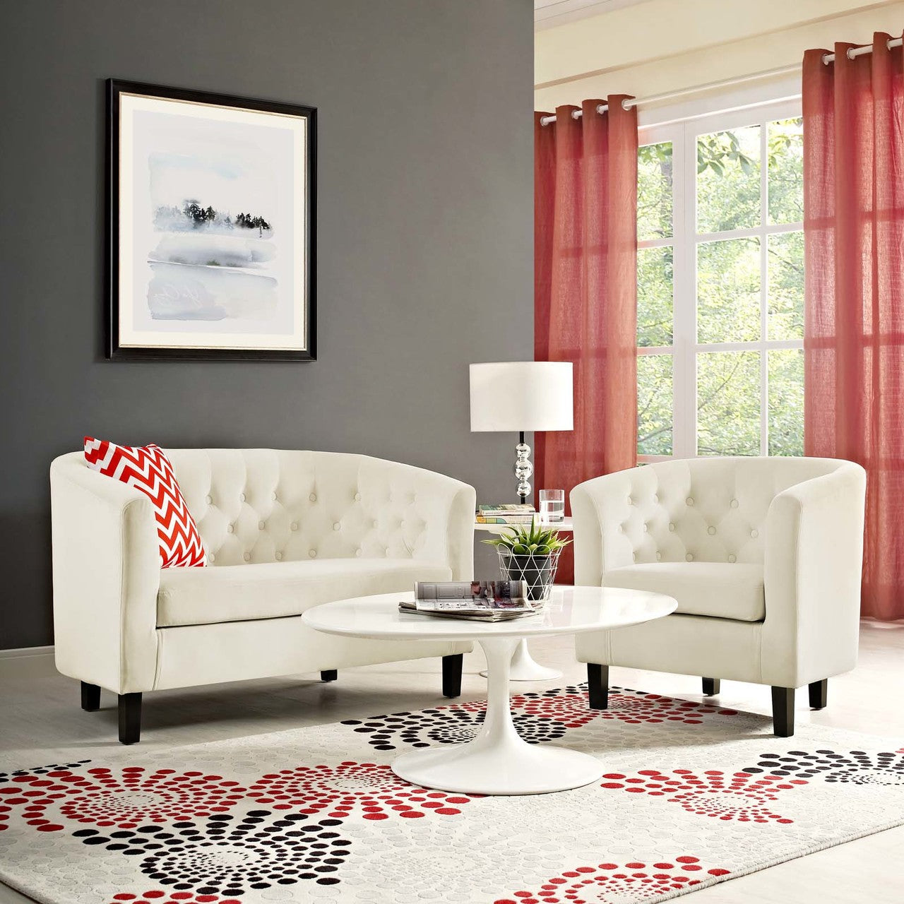 Prospect 2 Piece Velvet Loveseat and Armchair Set, Velvet Fabric, Ivory White 14237