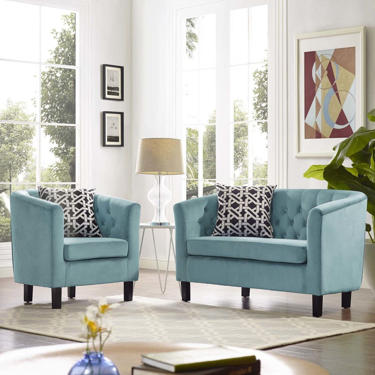 Prospect 2 Piece Velvet Loveseat and Armchair Set, Velvet Fabric, Blue 14239