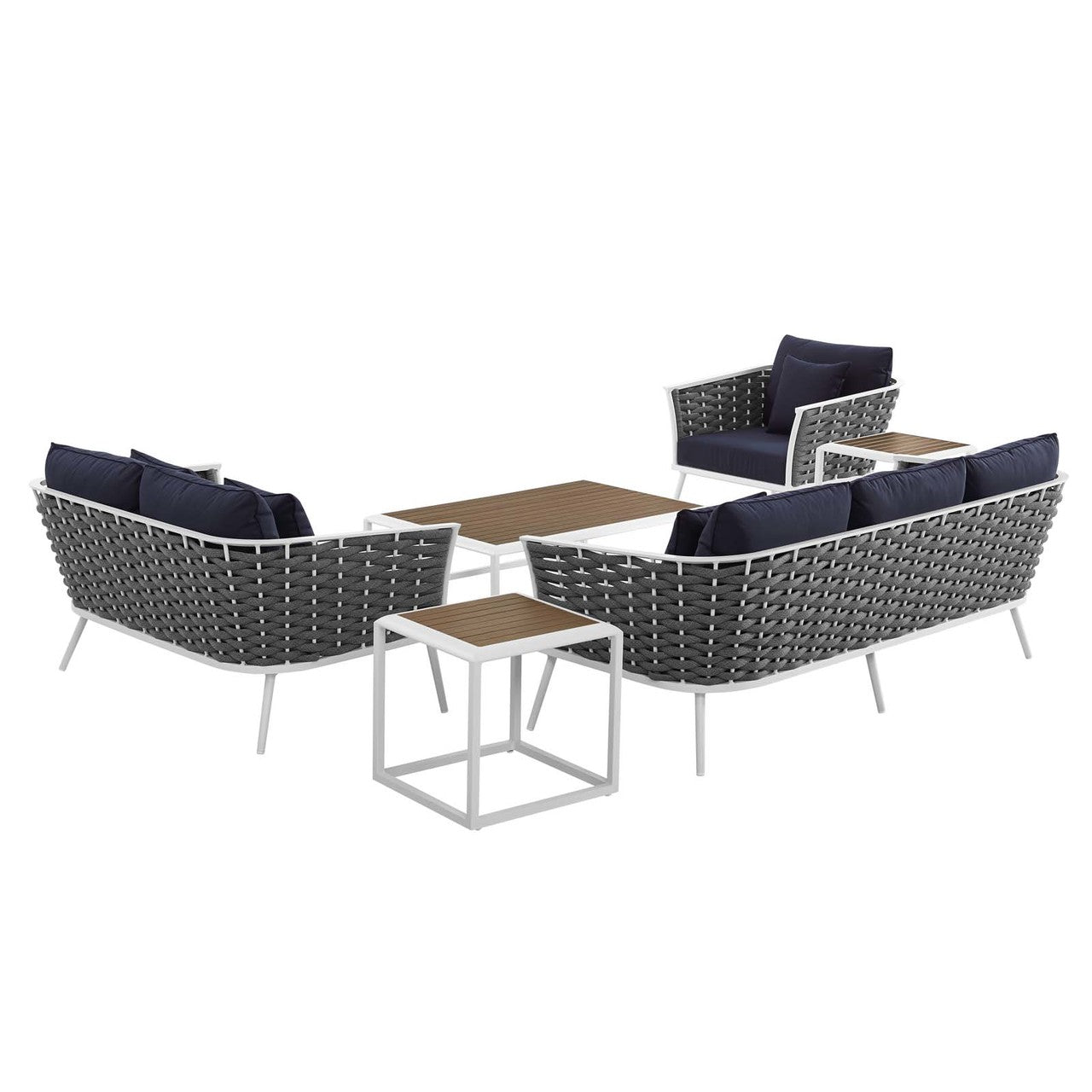 Stance 6 Piece Outdoor Patio Aluminum Sectional Sofa Set, Fabric Aluminium, White Navy 15323