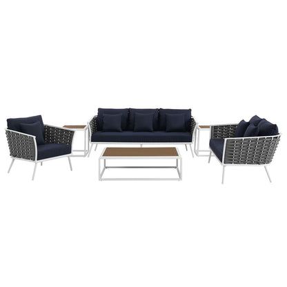 Stance 6 Piece Outdoor Patio Aluminum Sectional Sofa Set, Fabric Aluminium, White Navy 15323
