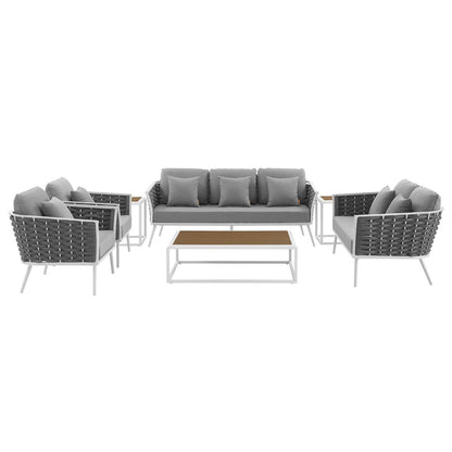 Stance 7 Piece Outdoor Patio Aluminum Sectional Sofa Set, Fabric Aluminium, White Grey Gray 15324