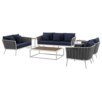 Stance 7 Piece Outdoor Patio Aluminum Sectional Sofa Set, Fabric Aluminium, White Navy 15325