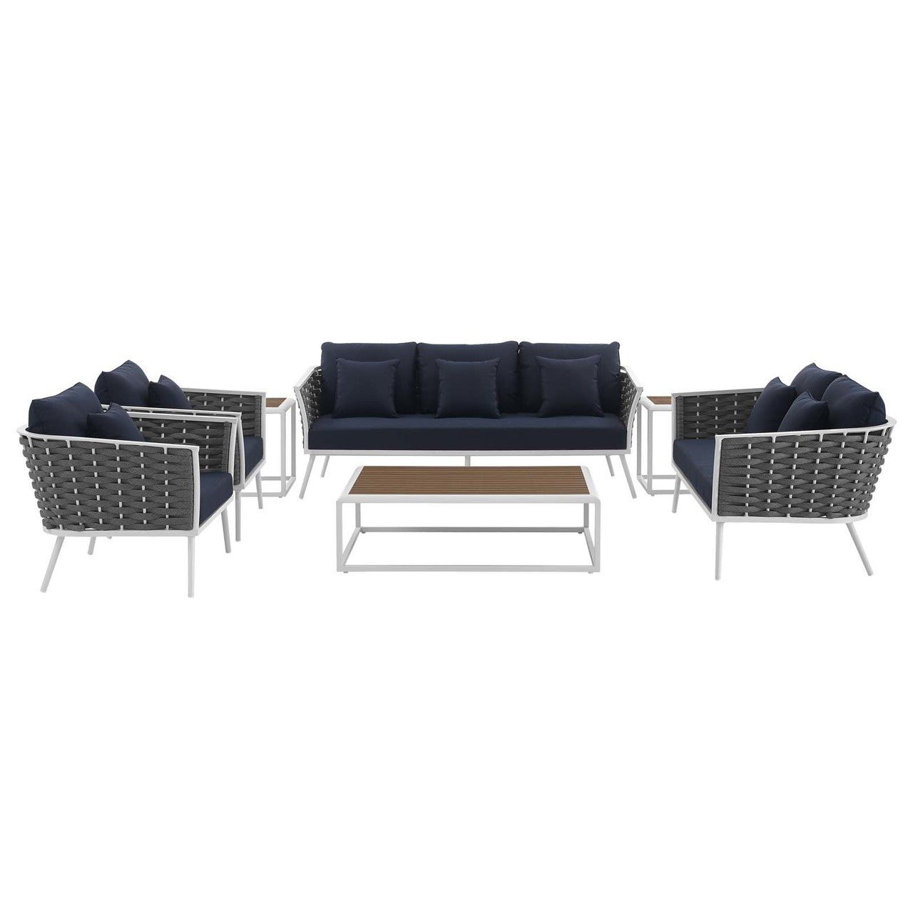 Stance 7 Piece Outdoor Patio Aluminum Sectional Sofa Set, Fabric Aluminium, White Navy 15325