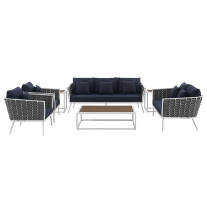 Stance 7 Piece Outdoor Patio Aluminum Sectional Sofa Set, Fabric Aluminium, White Navy 15325