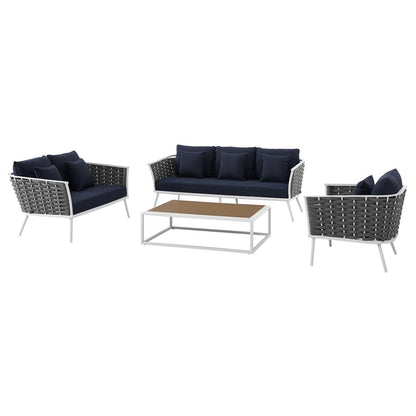 Stance 4 Piece Outdoor Patio Aluminum Sectional Sofa Set, Fabric Aluminium, White Navy 15327