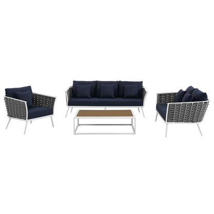 Stance 4 Piece Outdoor Patio Aluminum Sectional Sofa Set, Fabric Aluminium, White Navy 15327
