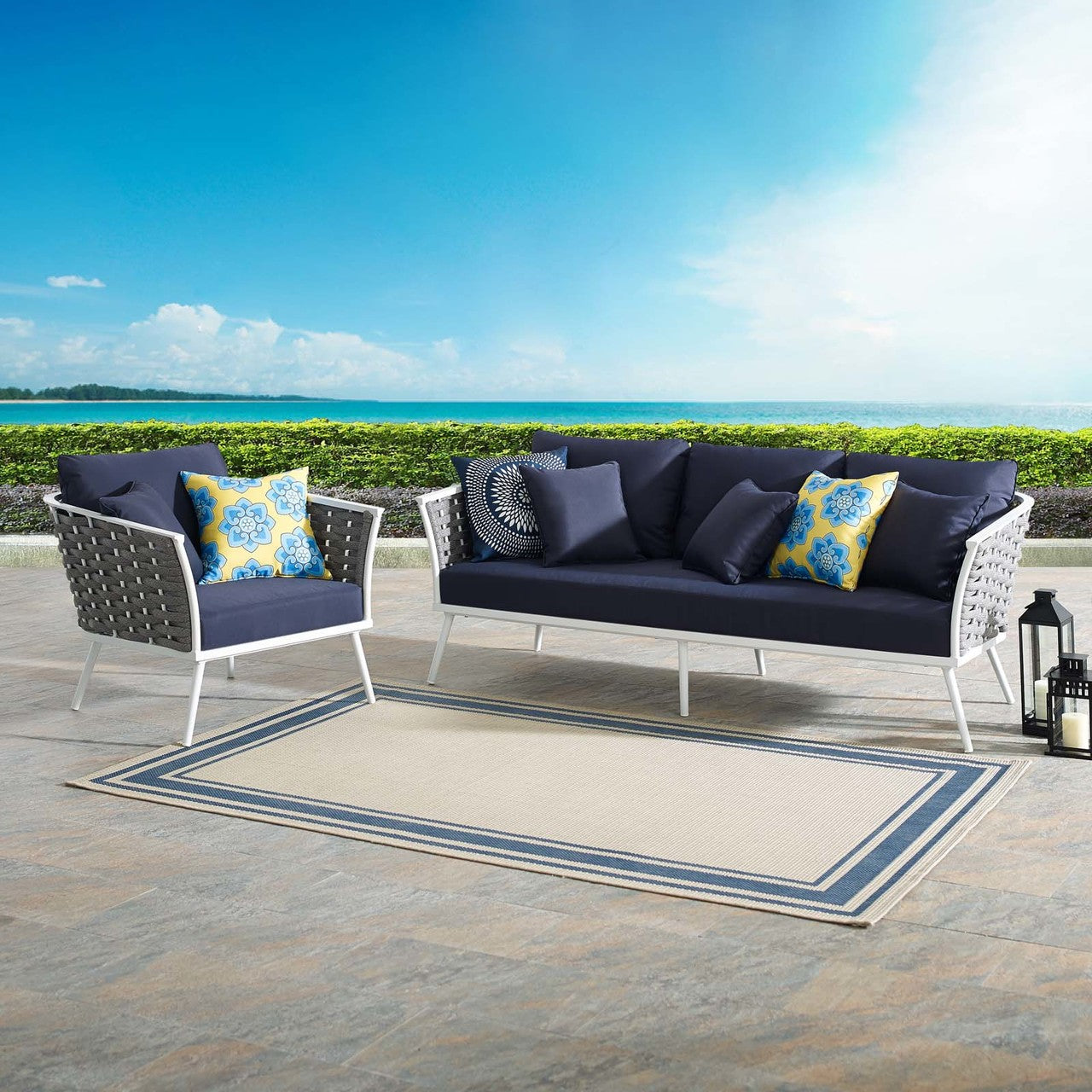 Stance 2 Piece Outdoor Patio Aluminum Sectional Sofa Set, Fabric Aluminium, White Navy 15333