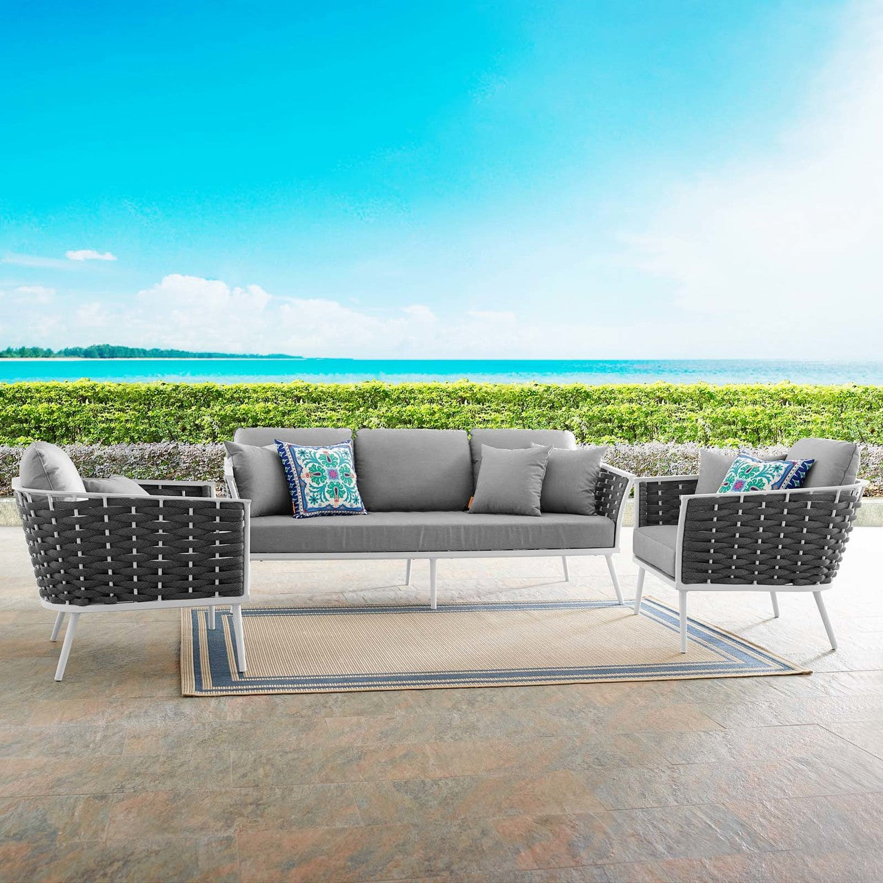 Stance 3 Piece Outdoor Patio Aluminum Sectional Sofa Set, Fabric Aluminium, White Grey Gray 15334