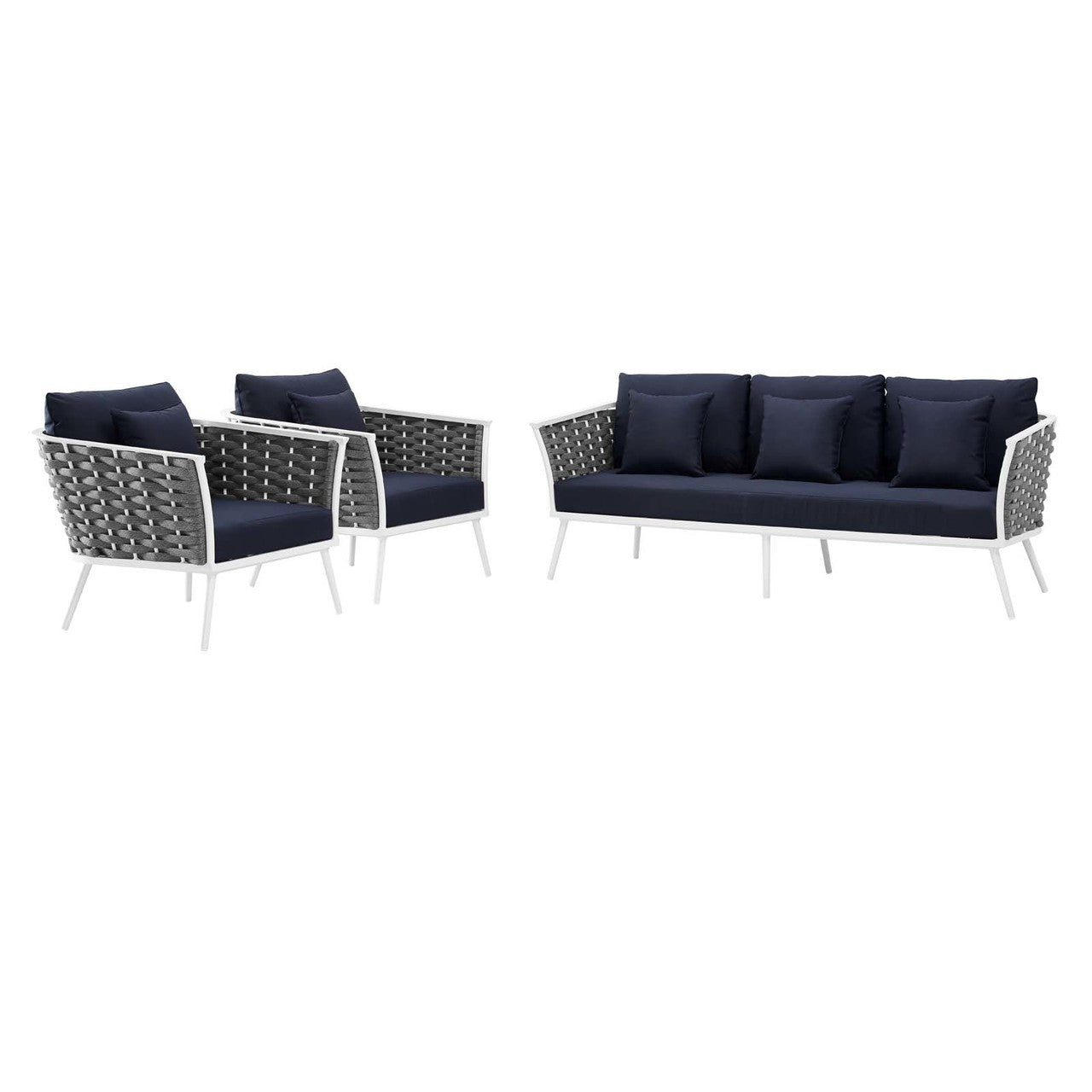 Stance 3 Piece Outdoor Patio Aluminum Sectional Sofa Set, Fabric Aluminium, White Navy 15335
