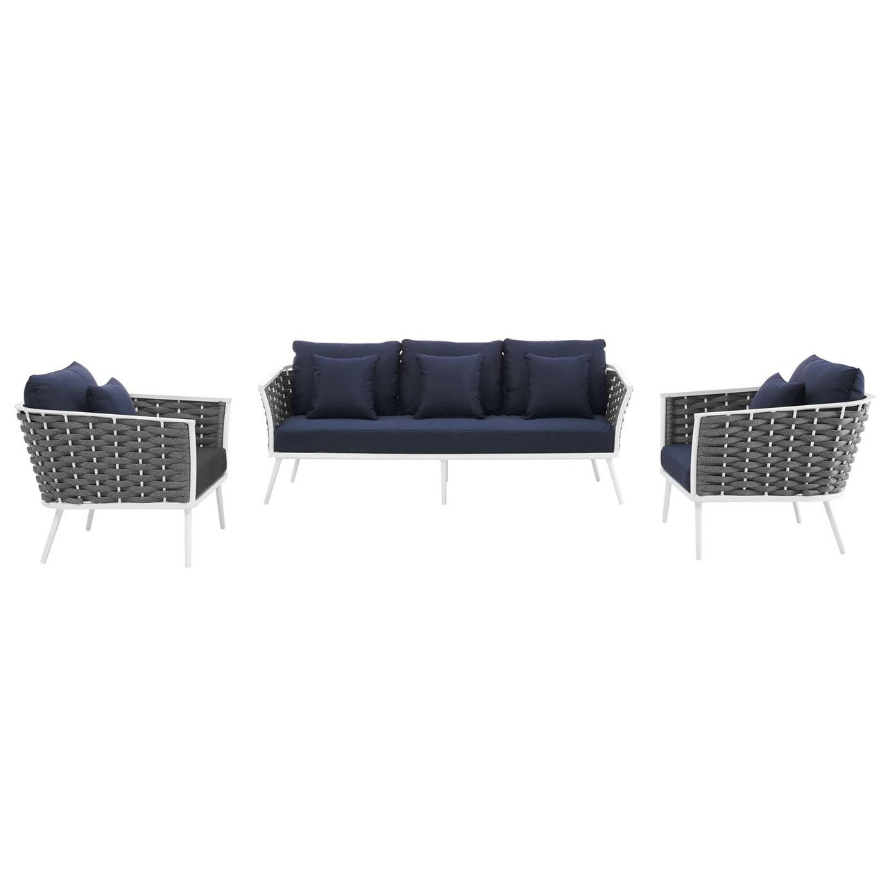 Stance 3 Piece Outdoor Patio Aluminum Sectional Sofa Set, Fabric Aluminium, White Navy 15335