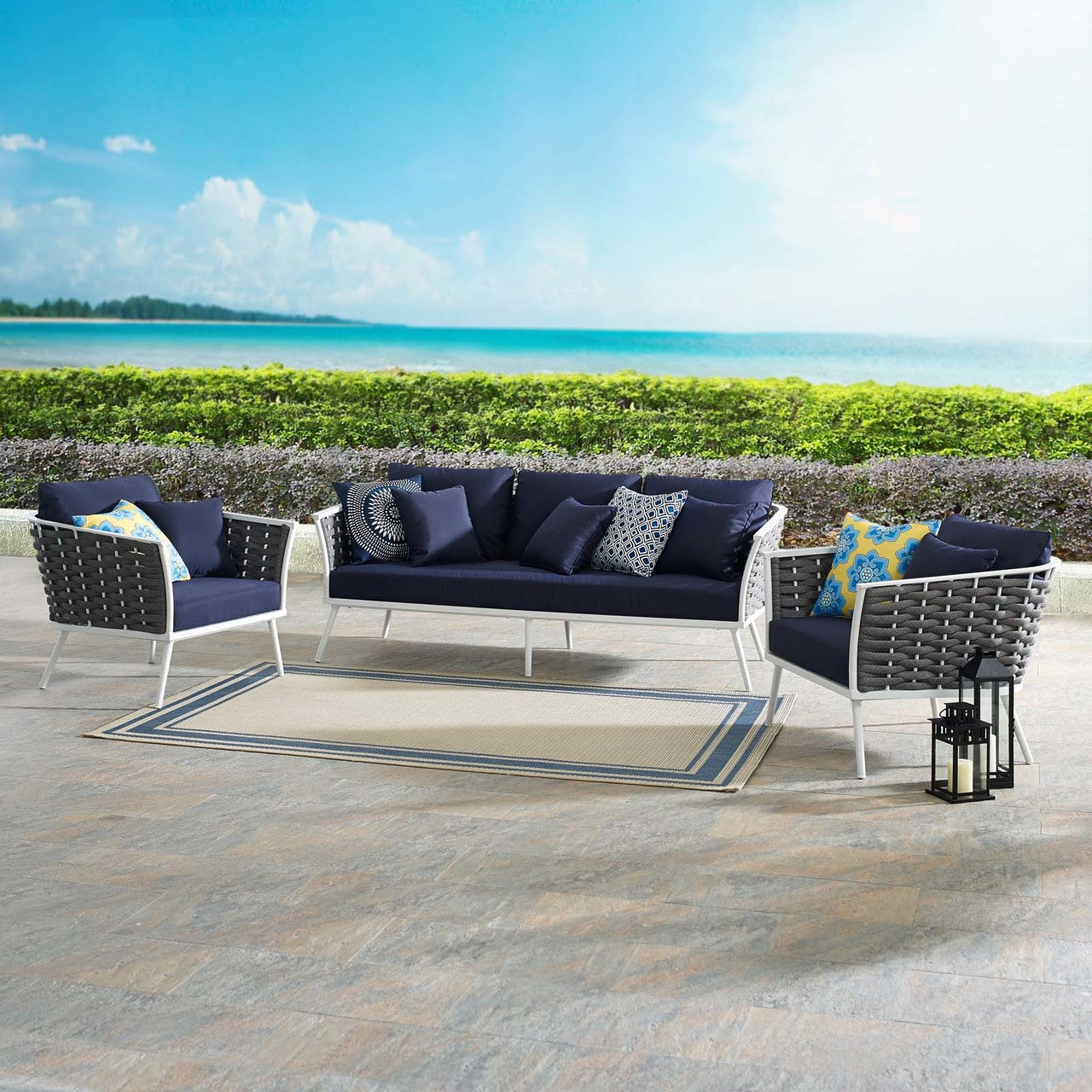 Stance 3 Piece Outdoor Patio Aluminum Sectional Sofa Set, Fabric Aluminium, White Navy 15335