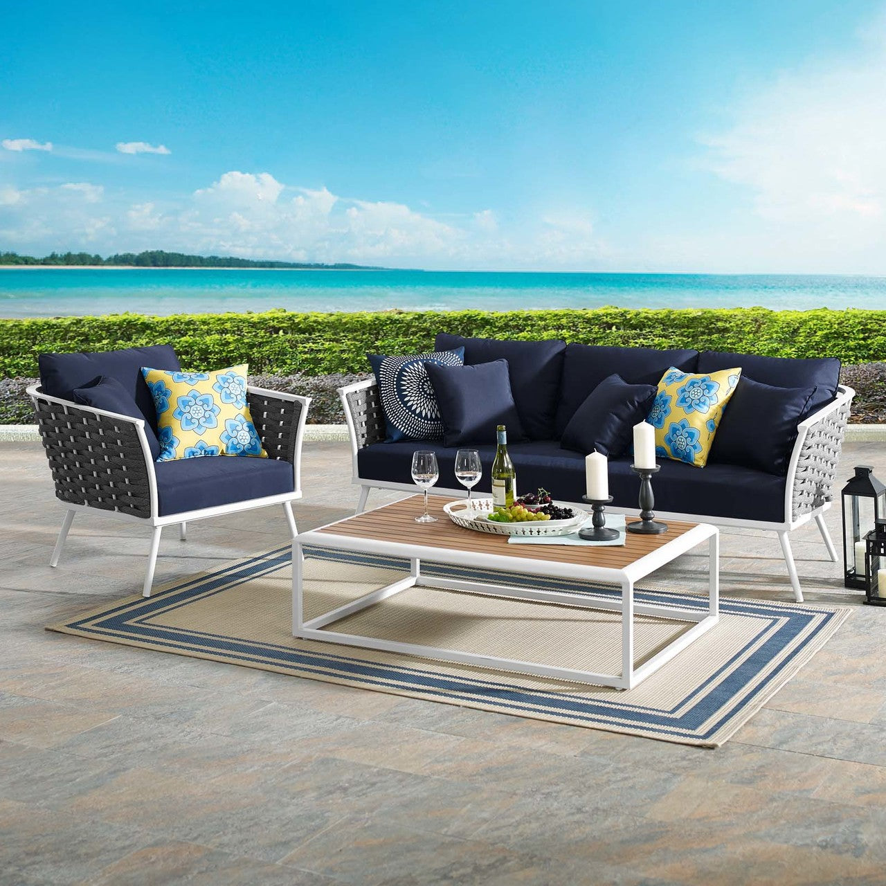 Stance 3 Piece Outdoor Patio Aluminum Sectional Sofa Set, Fabric Aluminium, White Navy 15337