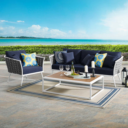 Stance 3 Piece Outdoor Patio Aluminum Sectional Sofa Set, Fabric Aluminium, White Navy 15337