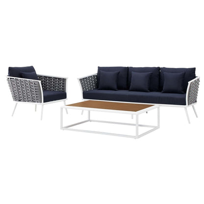 Stance 3 Piece Outdoor Patio Aluminum Sectional Sofa Set, Fabric Aluminium, White Navy 15337