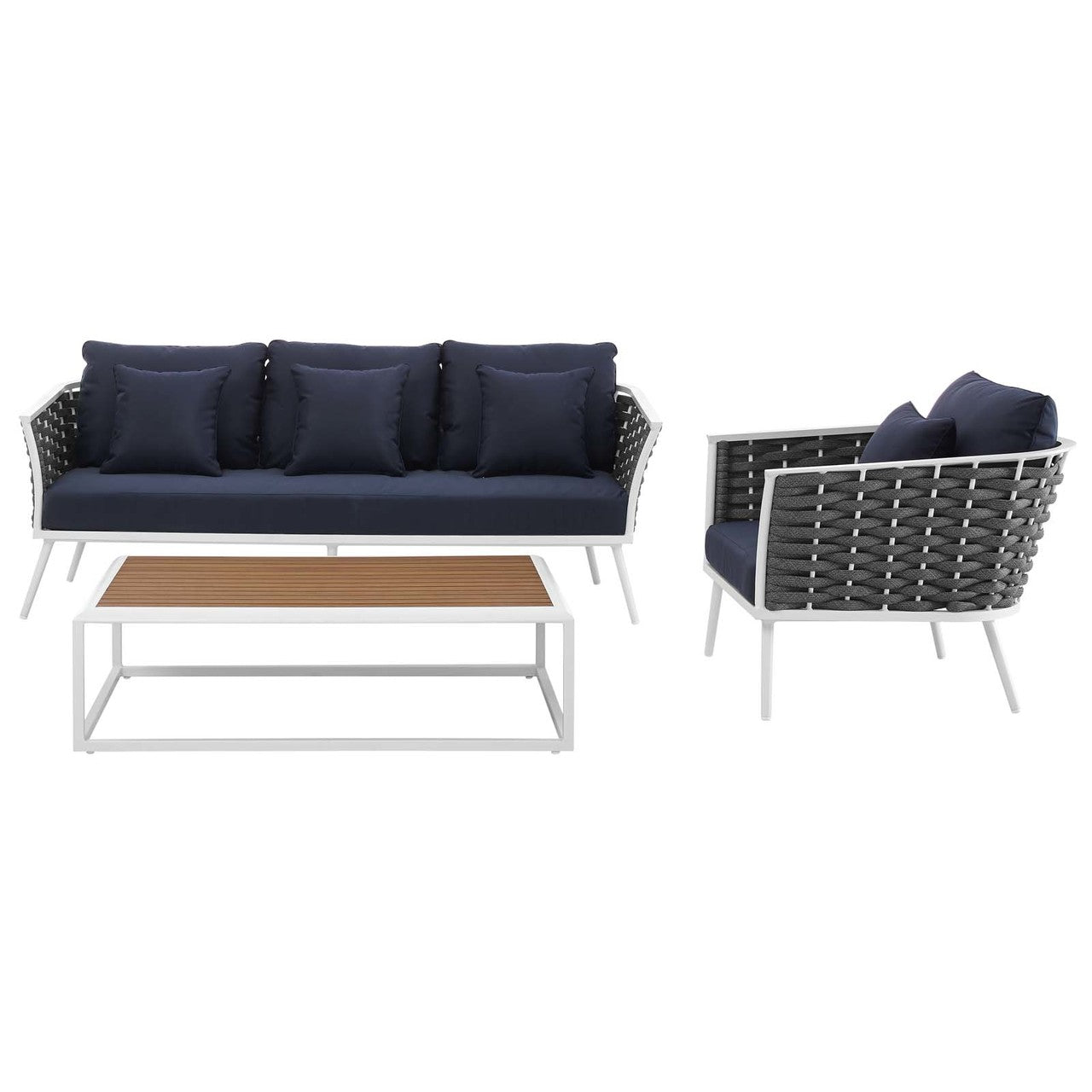 Stance 3 Piece Outdoor Patio Aluminum Sectional Sofa Set, Fabric Aluminium, White Navy 15337