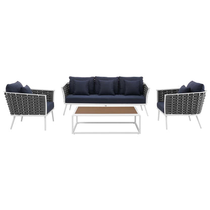Stance 4 Piece Outdoor Patio Aluminum Sectional Sofa Set, Fabric Aluminium, White Navy 15339