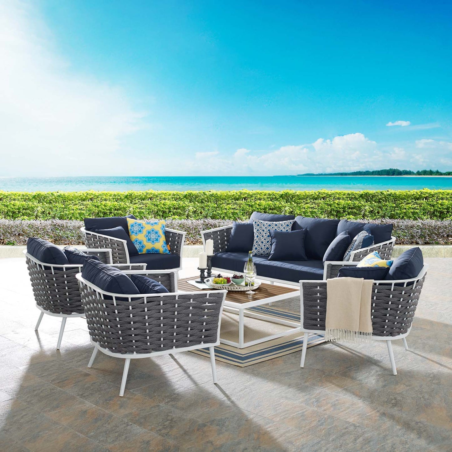 Stance 6 Piece Outdoor Patio Aluminum Sectional Sofa Set, Aluminum Fabric, Navy Blue White, 17284