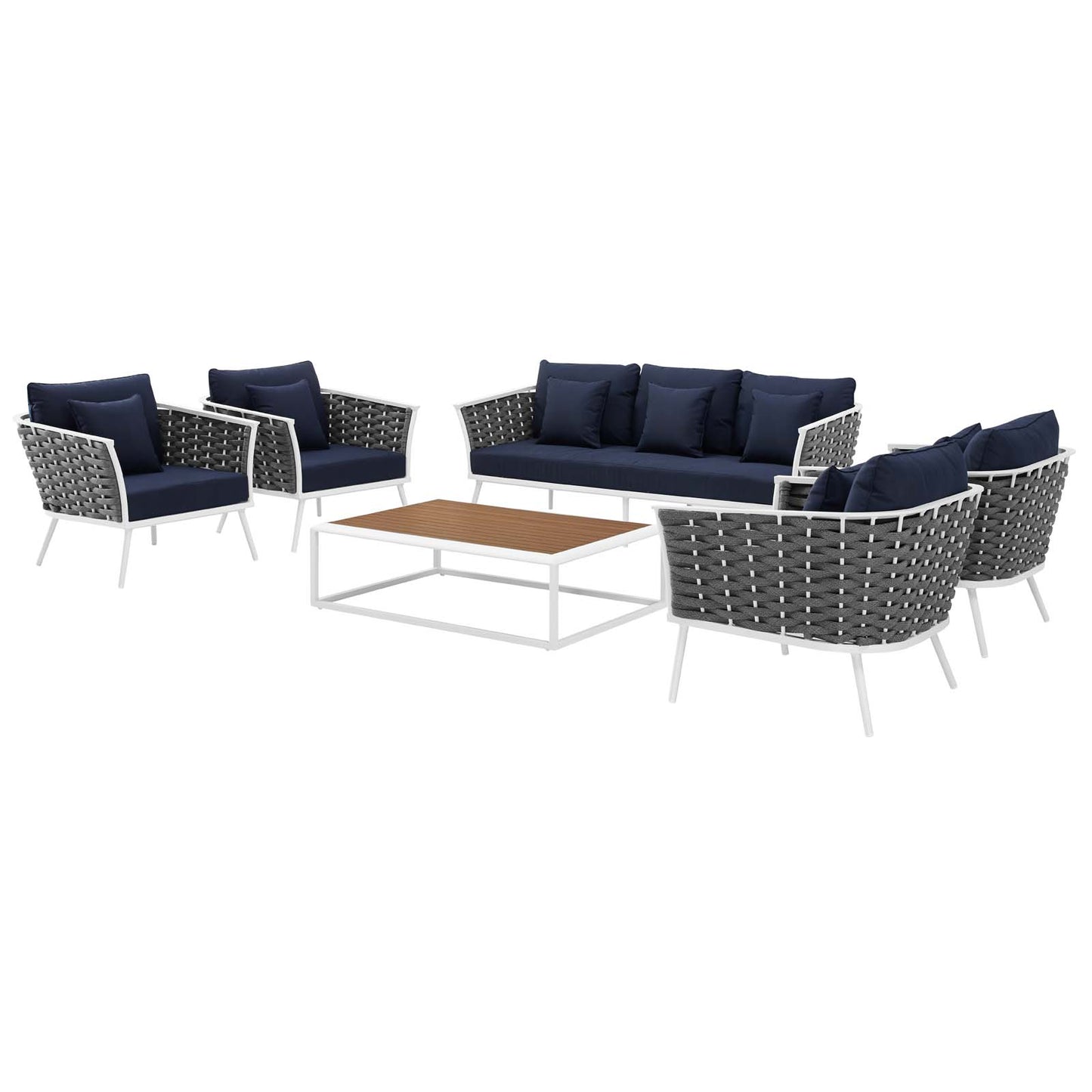 Stance 6 Piece Outdoor Patio Aluminum Sectional Sofa Set, Aluminum Fabric, Navy Blue White, 17284
