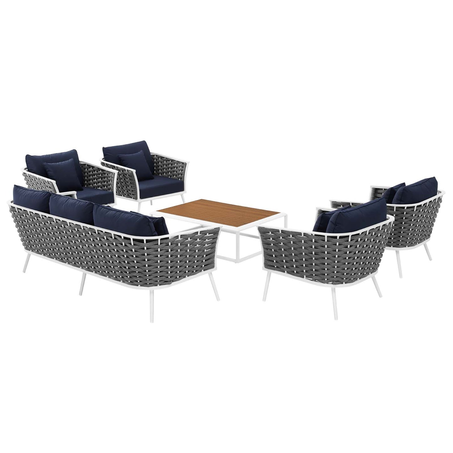 Stance 6 Piece Outdoor Patio Aluminum Sectional Sofa Set, Aluminum Fabric, Navy Blue White, 17284