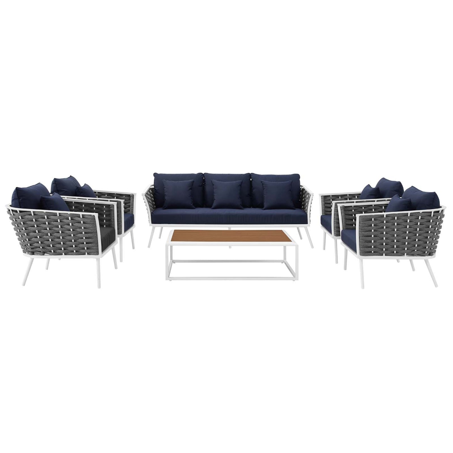 Stance 6 Piece Outdoor Patio Aluminum Sectional Sofa Set, Aluminum Fabric, Navy Blue White, 17284