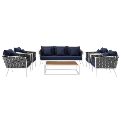 Stance 6 Piece Outdoor Patio Aluminum Sectional Sofa Set, Aluminum Fabric, Navy Blue White, 17284
