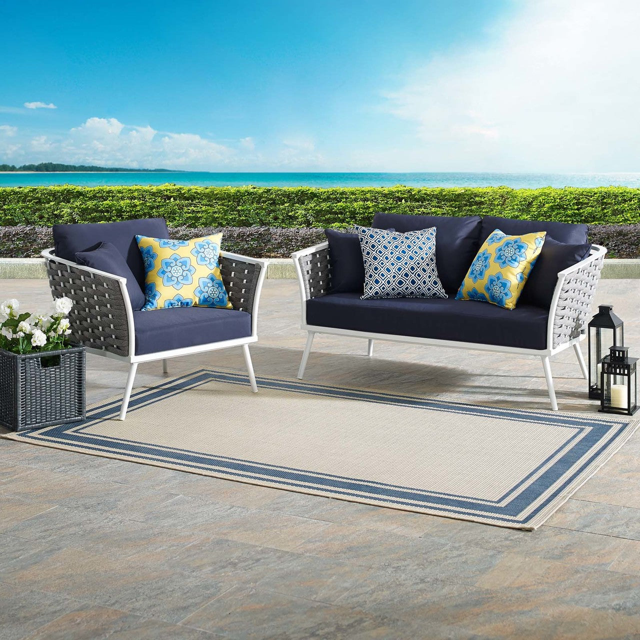 Stance 2 Piece Outdoor Patio Aluminum Sectional Sofa Set, Fabric Aluminium, White Navy 15341