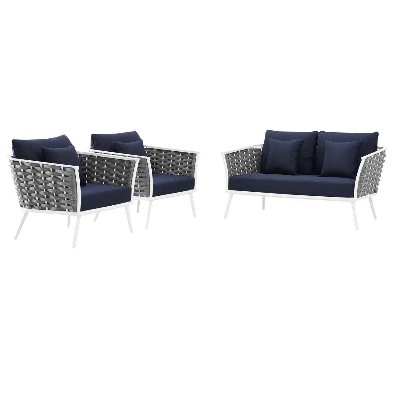 Stance 3 Piece Outdoor Patio Aluminum Sectional Sofa Set, Fabric Aluminium, White Navy 15343