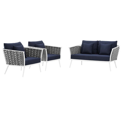 Stance 3 Piece Outdoor Patio Aluminum Sectional Sofa Set, Fabric Aluminium, White Navy 15343