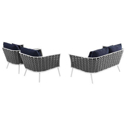 Stance 3 Piece Outdoor Patio Aluminum Sectional Sofa Set, Fabric Aluminium, White Navy 15343