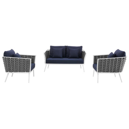 Stance 3 Piece Outdoor Patio Aluminum Sectional Sofa Set, Fabric Aluminium, White Navy 15343