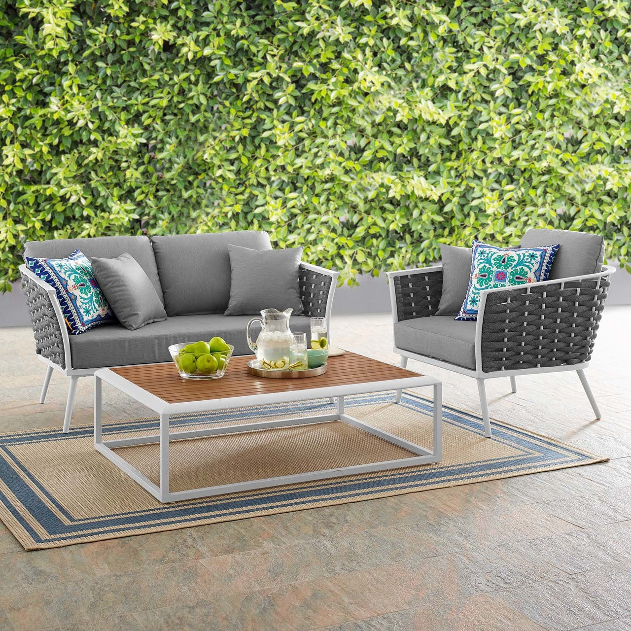 Stance 3 Piece Outdoor Patio Aluminum Sectional Sofa Set, Fabric Aluminium, White Grey Gray 15344