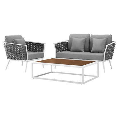 Stance 3 Piece Outdoor Patio Aluminum Sectional Sofa Set, Fabric Aluminium, White Grey Gray 15344