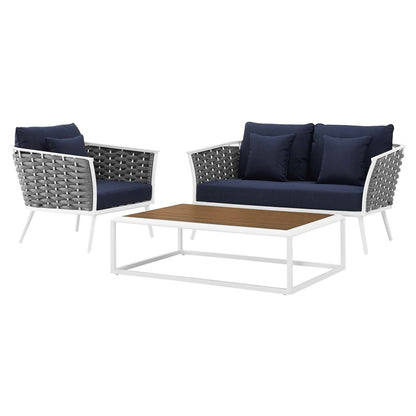 Stance 3 Piece Outdoor Patio Aluminum Sectional Sofa Set, Fabric Aluminium, White Navy 15345