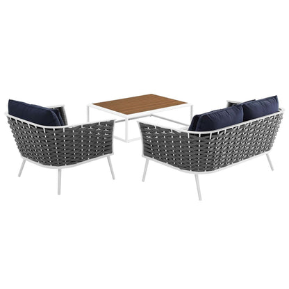 Stance 3 Piece Outdoor Patio Aluminum Sectional Sofa Set, Fabric Aluminium, White Navy 15345