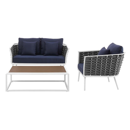 Stance 3 Piece Outdoor Patio Aluminum Sectional Sofa Set, Fabric Aluminium, White Navy 15345