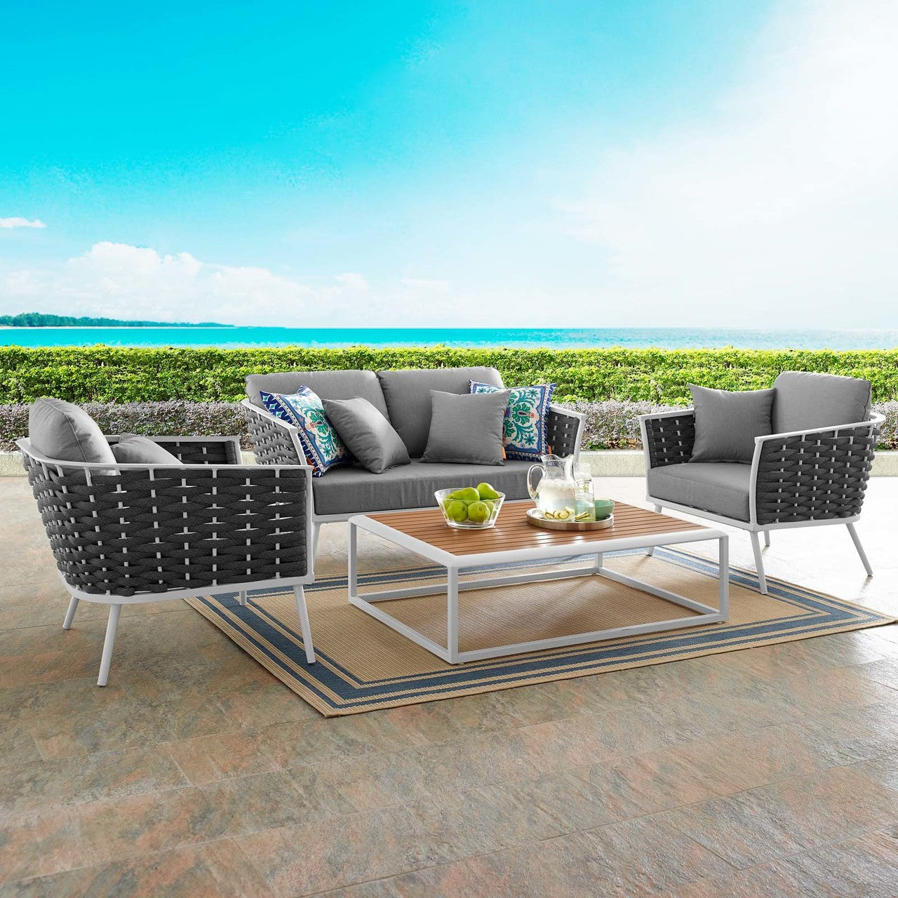 Stance 4 Piece Outdoor Patio Aluminum Sectional Sofa Set, Fabric Aluminium, White Grey Gray 15346