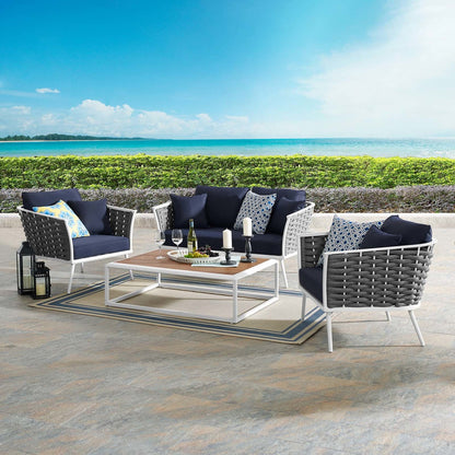 Stance 4 Piece Outdoor Patio Aluminum Sectional Sofa Set, Fabric Aluminium, White Navy 15347