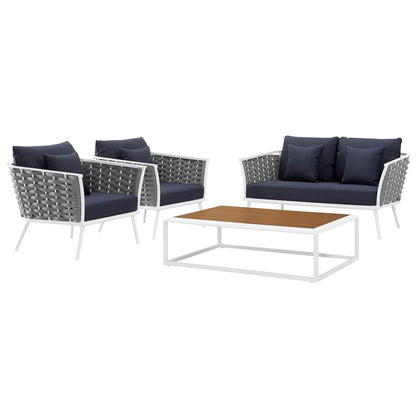 Stance 4 Piece Outdoor Patio Aluminum Sectional Sofa Set, Fabric Aluminium, White Navy 15347